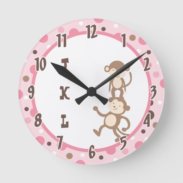 Polkadot Pink Funky Monkey Dancing Jungle Clock (Front)