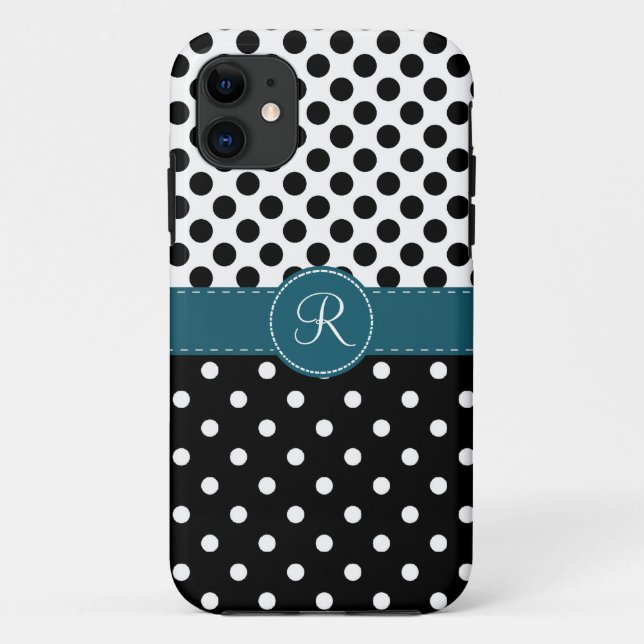 Polkadots and Teal Stitched Ribbon Monogram Case-Mate iPhone Case (Back)