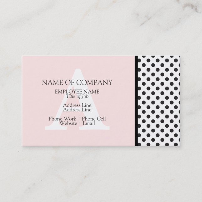 Polkadotted Black White Pink Designer Monogram Business Card (Front)