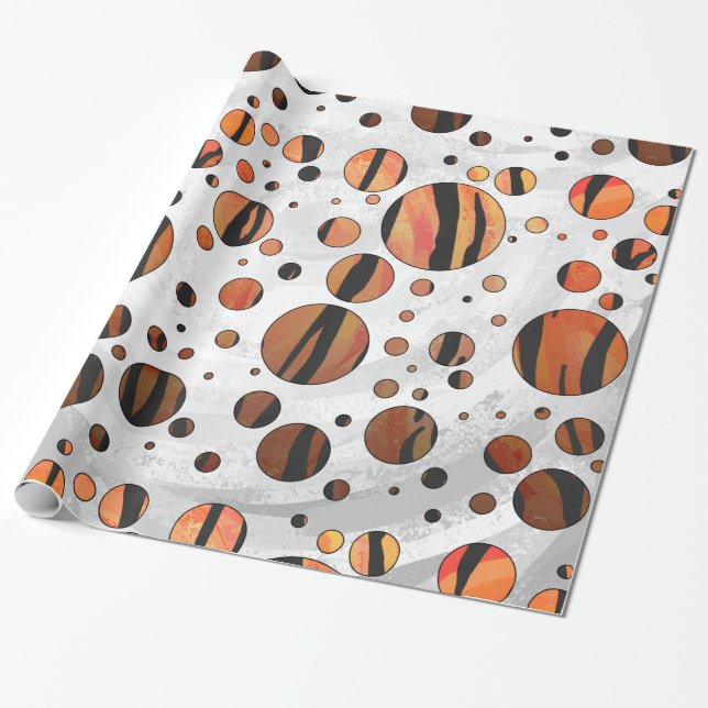 Polks Dot Tiger Hot orange and Black Print Wrapping Paper (Unrolled)