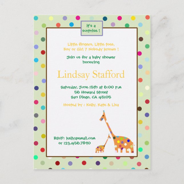 Polks Dots giraffes- baby shower invites(green) Invitation Postcard (Front)