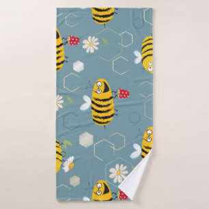 Pollinating Bees, Flowering Garden Scene. Bath Towel