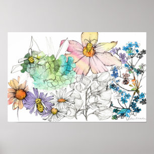 Pollinator Watercolor Flowers Honeybees Hand Drawn Poster