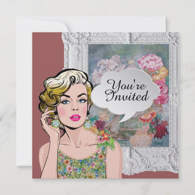 Polly Wants a Party Pop Art Lady Floral Invitation (Front)