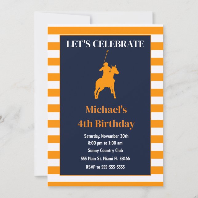 Polo birthday invitation for kids blue orange (Front)