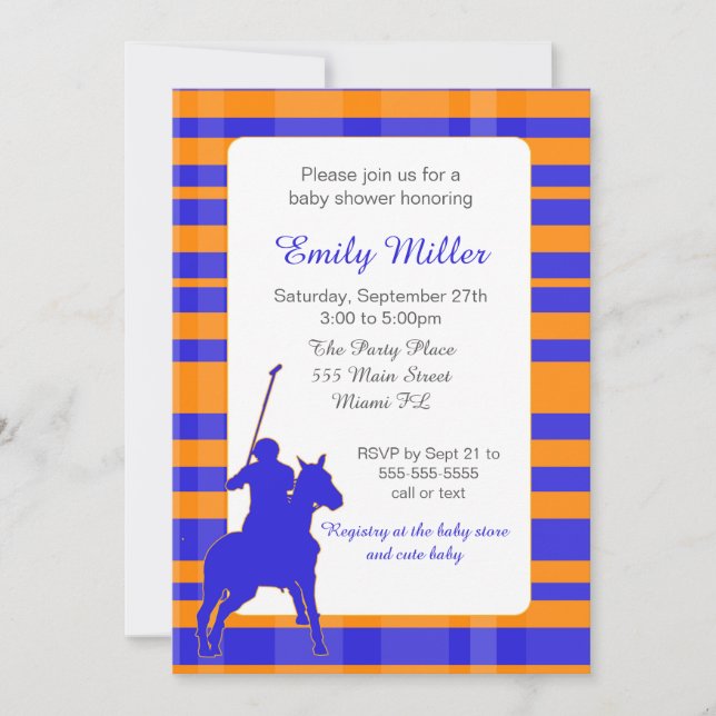 Polo Boy Baby Shower Invitation Royal Blue Orange (Front)