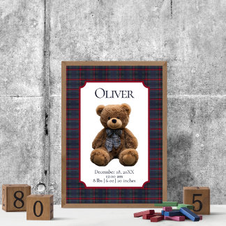 Polo Teddy Bear Tartan Plaid Baby Name Birth Stats Poster