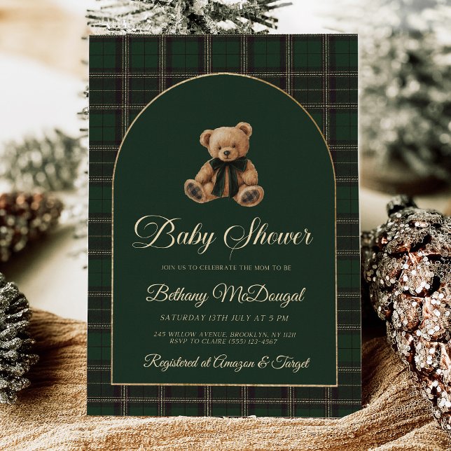 Polo Teddy Bear Tartan Preppy Baby Shower (polo bear invitation, green tartan baby shower, preppy baby shower, foil invitation, classic baby sh)