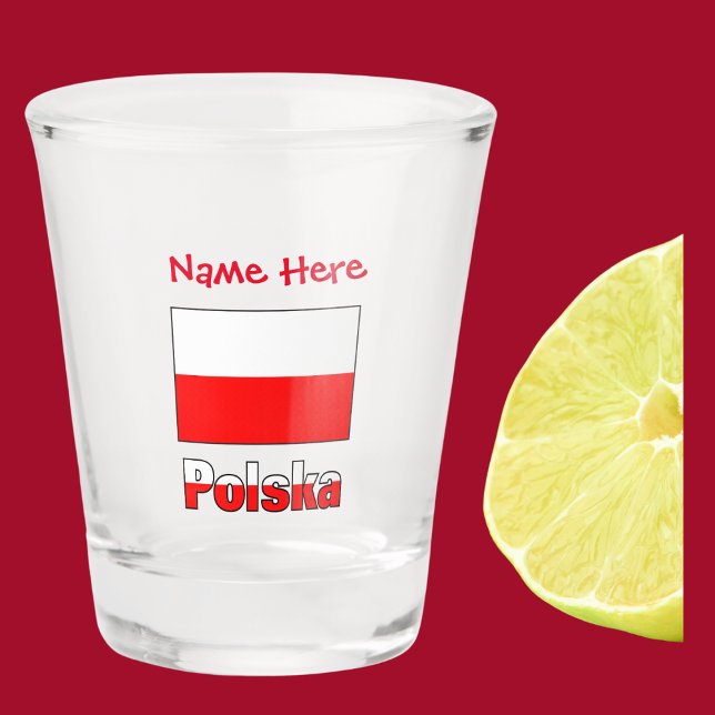 Polska and Polish Flag Red Personalisation  Shot Glass (Shot glass with the Polish flag and the word POLSKA below in red and white. Above add a name.)
