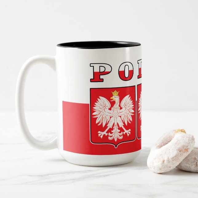 Polska Eagle Flag Shields Two-Tone Coffee Mug (With Donut)