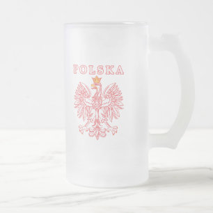 Polska With Red Polish Eagle Frosted Glass Beer Mug