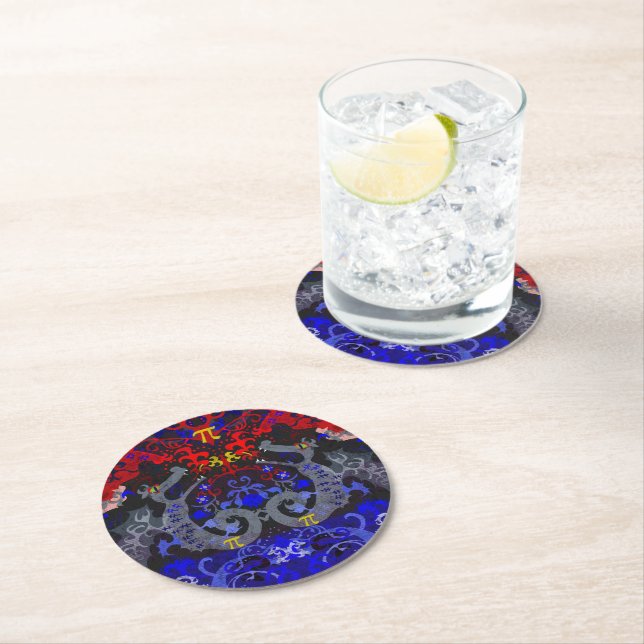 Polyamory Dragon Damask in Poly Pride Flag Colours Round Paper Coaster (Insitu)
