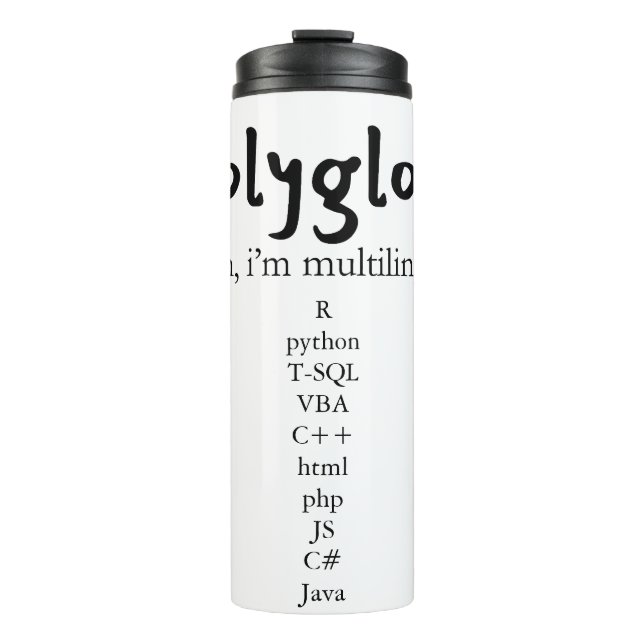 Polyglot Multilingual Customisable Coding Language Thermal Tumbler (Front)