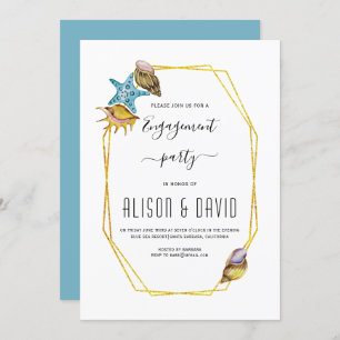 Polygon, seashells beach wedding engagement party invitation