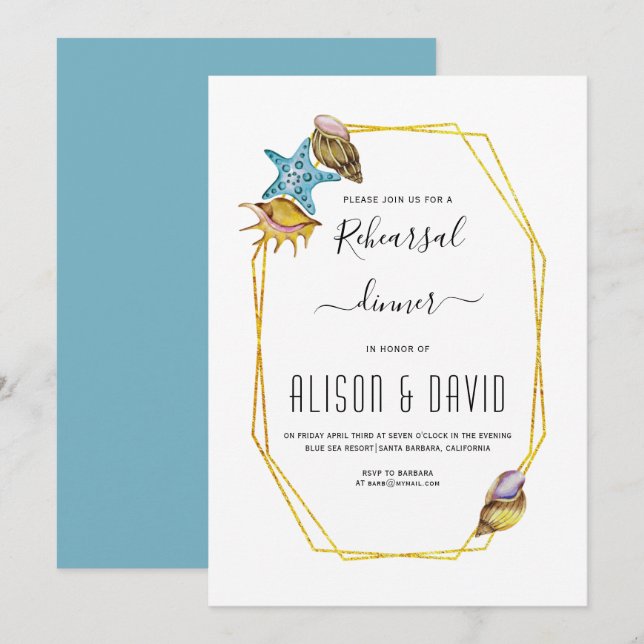 Polygon, seashells beach wedding rehearsal dinner invitation (Front/Back)