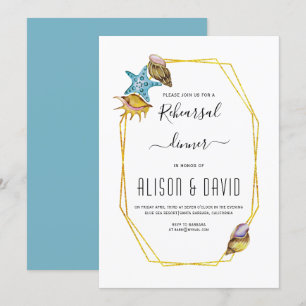 Polygon, seashells beach wedding rehearsal dinner invitation