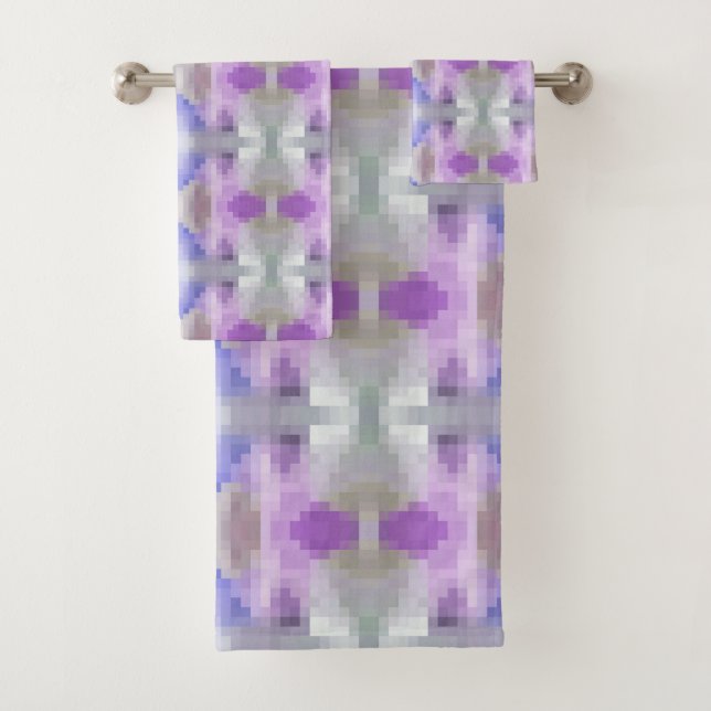 Polygonal geometrical violet purple blue pixel squ bath towel set (Insitu)