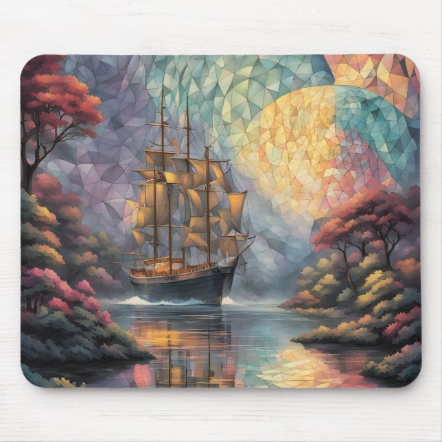 Polygonal Sailing Ship and Full Moon Mouse Mat (Front)