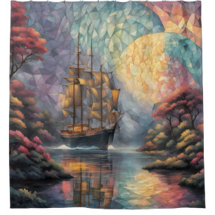 Polygonal Sailing Ship and Full Moon Shower Curtain