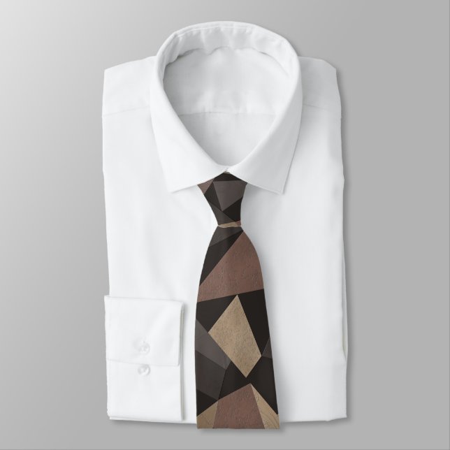 Polygonal triangles geometrical print brown beige tie (Tied)