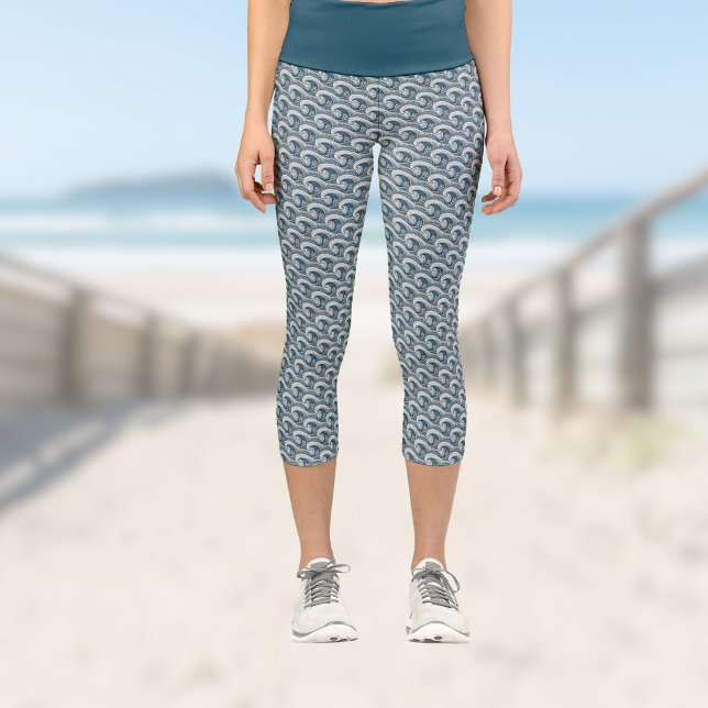 Polynesian Beach Waves and Flowers Ethnic Pattern Capri Leggings (Creator Uploaded)