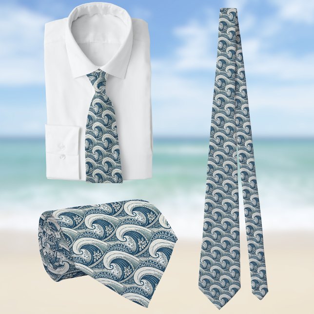 Polynesian Beach Waves and Flowers Ethnic Pattern Tie (Creator Uploaded)