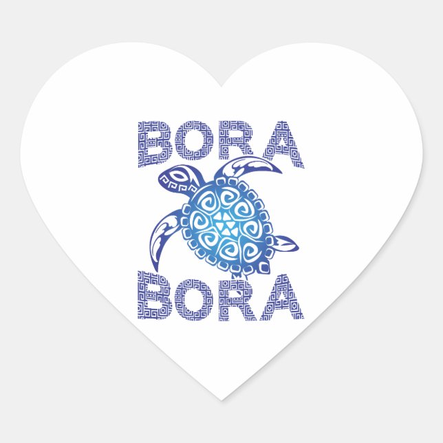 Polynesian Blue Tribal Sea Turtle Bora Bora Heart Sticker (Front)