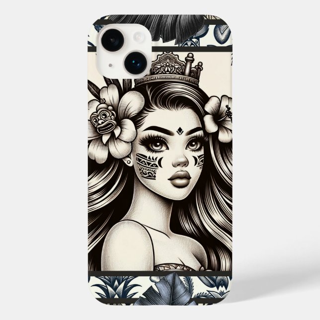 Polynesian Princess Blue Floral Tribal Case-Mate iPhone Case (Back)