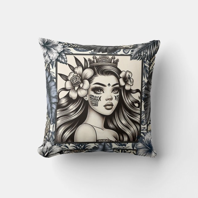 Polynesian Princess Blue Floral Tribal Cushion (Front)