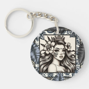 Polynesian Princess Blue Floral Tribal Key Ring