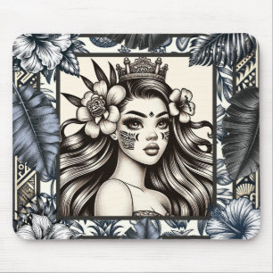 Polynesian Princess Blue Floral Tribal Mouse Mat