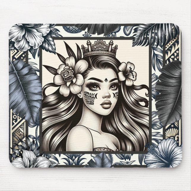 Polynesian Princess Blue Floral Tribal Mouse Mat (Front)