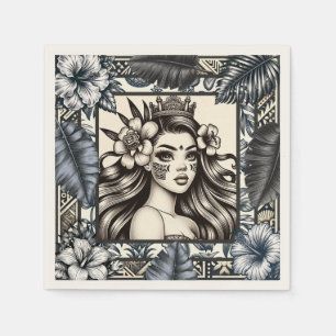 Polynesian Princess Blue Floral Tribal Napkin