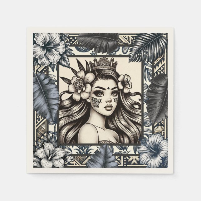 Polynesian Princess Blue Floral Tribal Napkin (Front)