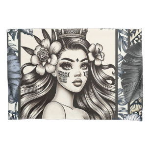 Polynesian Princess Blue Floral Tribal Pillowcase