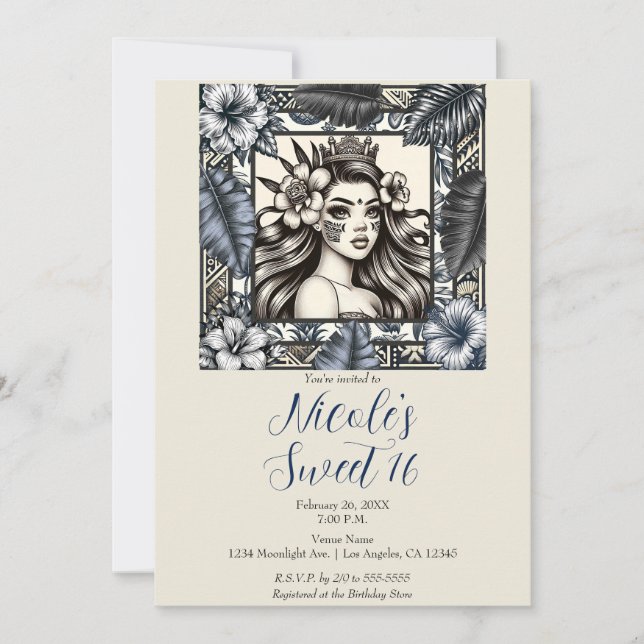 Polynesian Princess Blue Floral Tribal Sweet 16  Invitation (Front)