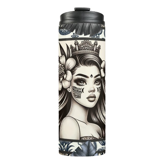 Polynesian Princess Blue Floral Tribal Thermal Tumbler (Front)