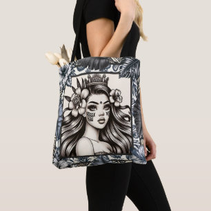 Polynesian Princess Blue Floral Tribal Tote Bag