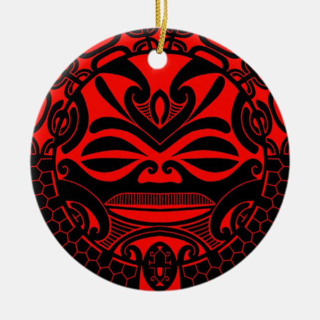 Polynesian tiki mask design ceramic tree decoration (Front)
