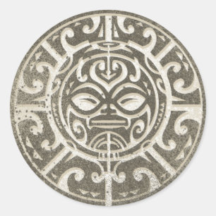 Polynesian Tribal Face Brown Classic Round Sticker