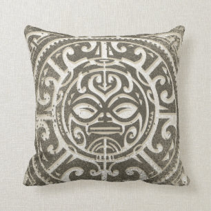 Polynesian Tribal Face Brown Cushion