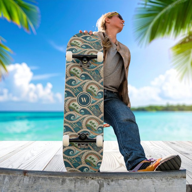 Polynesian Tropical Wave Palm Trees Pattern Name Skateboard (Creator Uploaded)