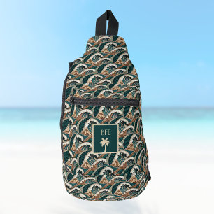 Polynesian Tropical Waves Palm Tree Monogram Sling Bag