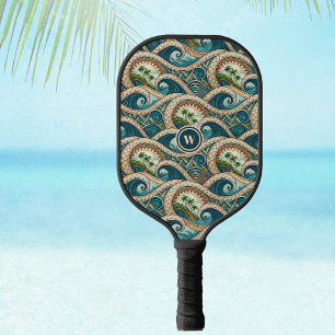 Polynesian Waves and Palm Trees Retro Monogram Pickleball Paddle