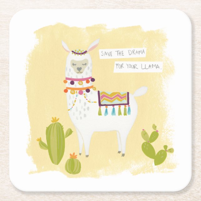 Pom Pom Llama Rama- Save the Drama for Your Llama Square Paper Coaster (Front)