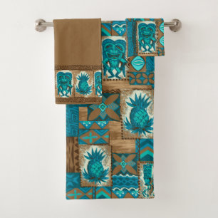 Pomaika’i Tiki Hawaiian Tapa Coordinate - Brown Bath Towel Set