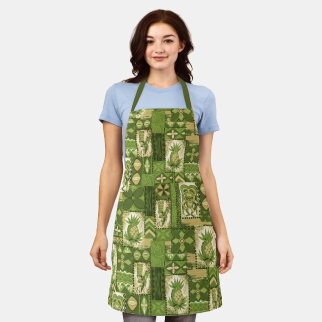 Pomaika’i Tiki Hawaiian Vintage Tapa Green Apron (Worn)