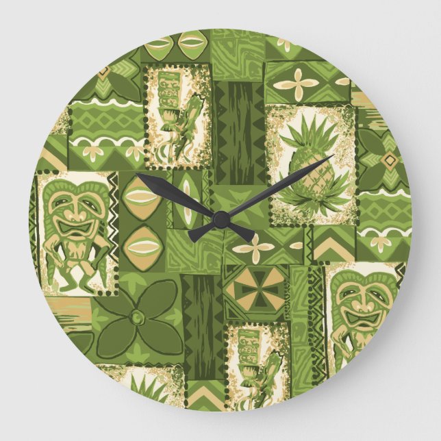 Pomaika’i Tiki Hawaiian Vintage Tapa Large Clock (Front)