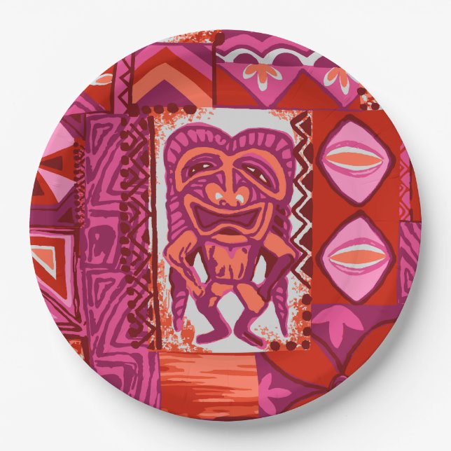 Pomaika’i Tiki Hawaiian Vintage Tapa Paper Plate (Front)