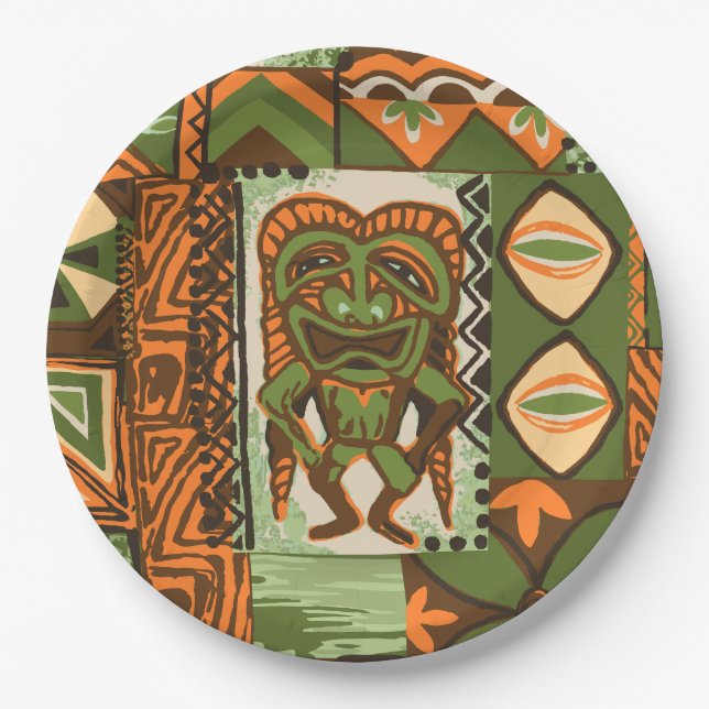 Pomaika’i Tiki Hawaiian Vintage Tapa Paper Plate (Front)